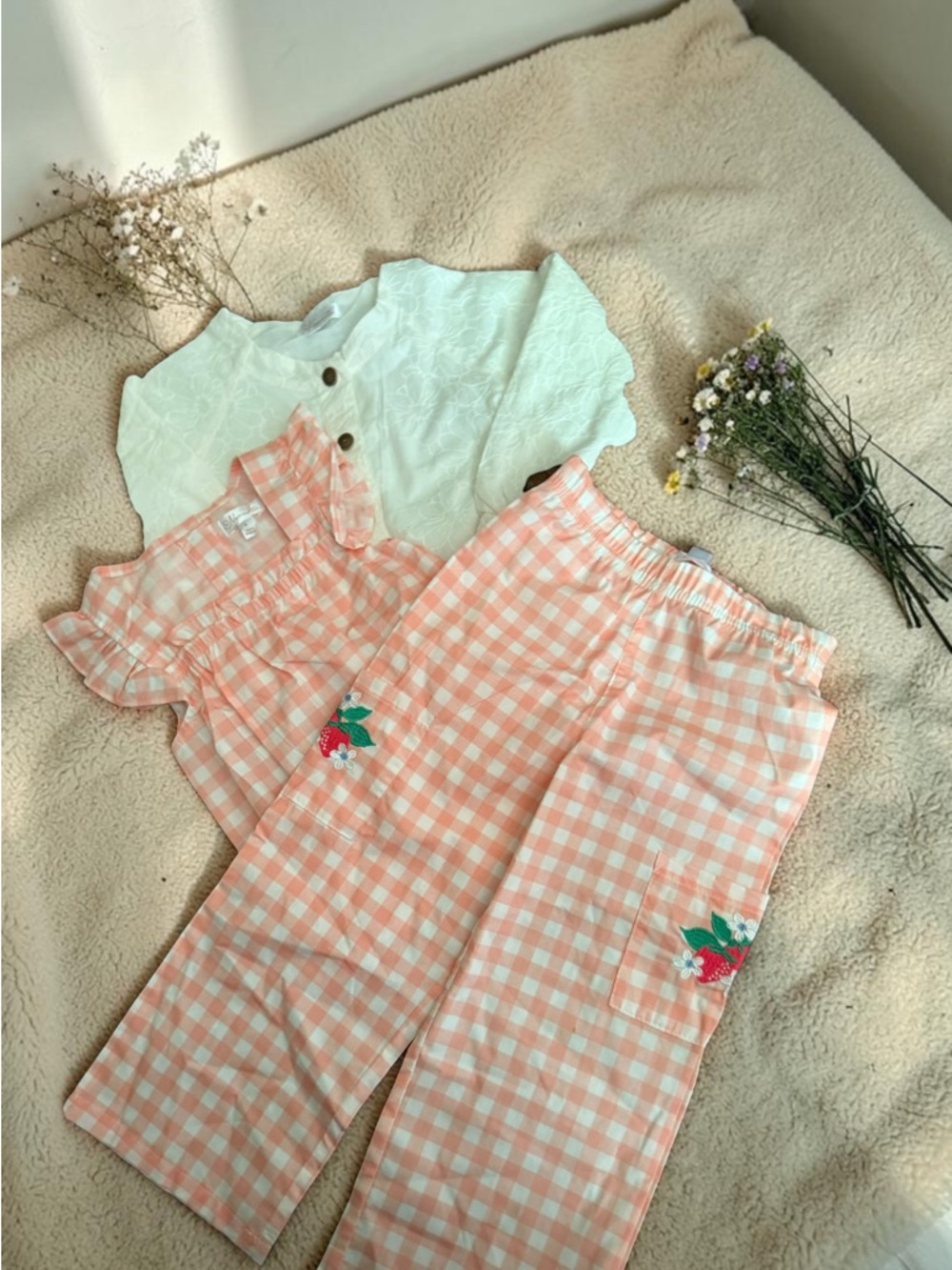 Peach Gingham Ruffle Two-Piece Set with Embroidered Pockets